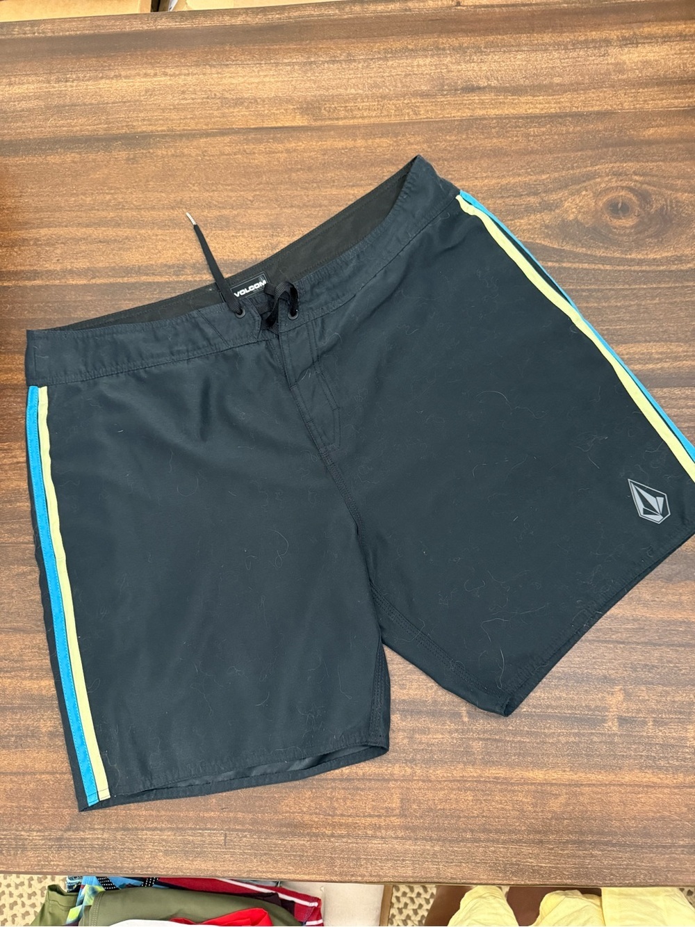 Volcom Men’s Black with Blue and Yellow Side Stripe Board shorts